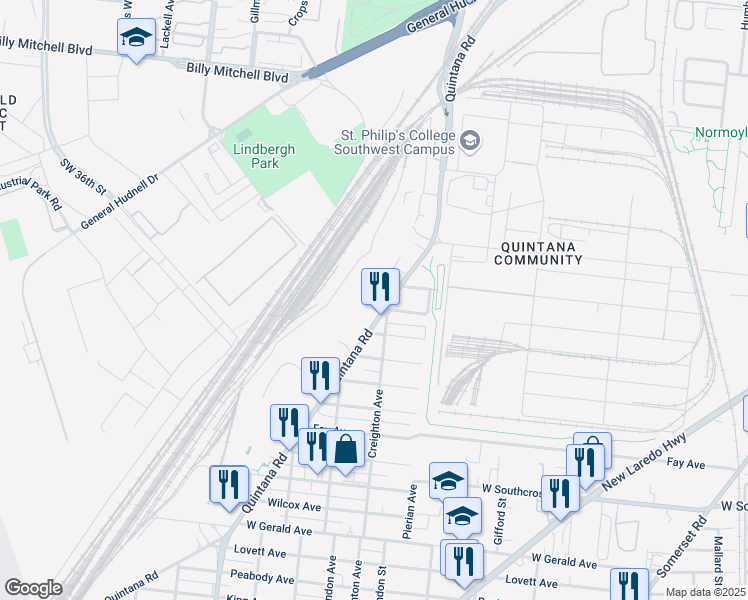 map of restaurants, bars, coffee shops, grocery stores, and more near 1327 Quintana Road in San Antonio