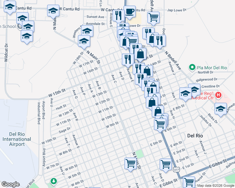 map of restaurants, bars, coffee shops, grocery stores, and more near 1400 Ave C in Del Rio