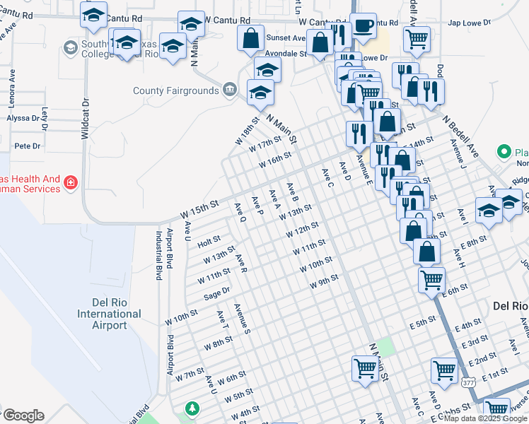 map of restaurants, bars, coffee shops, grocery stores, and more near 1507 Avenue P in Del Rio