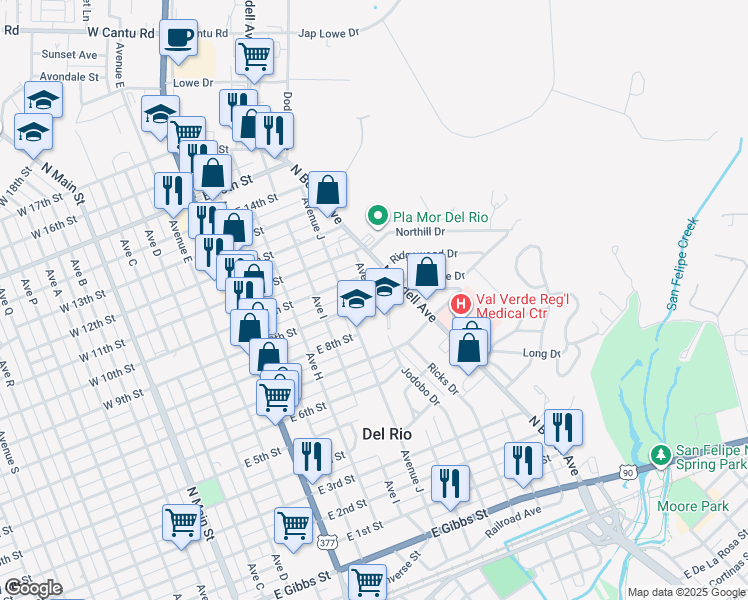 map of restaurants, bars, coffee shops, grocery stores, and more near 1001 East 9th Street in Del Rio