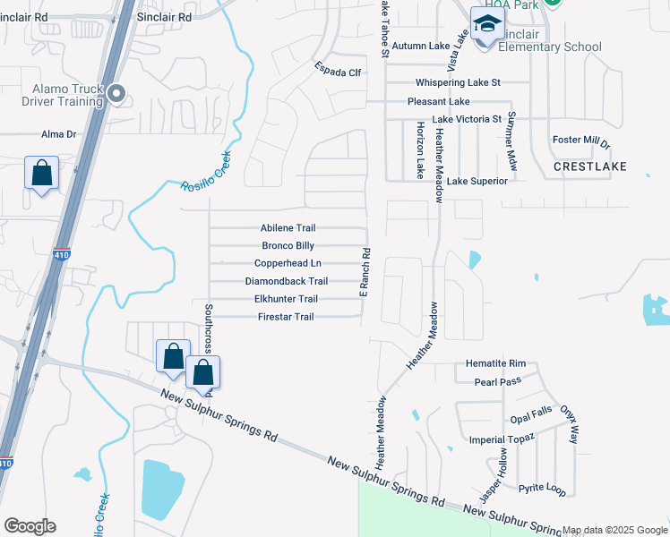 map of restaurants, bars, coffee shops, grocery stores, and more near 5542 Copperhead Lane in San Antonio