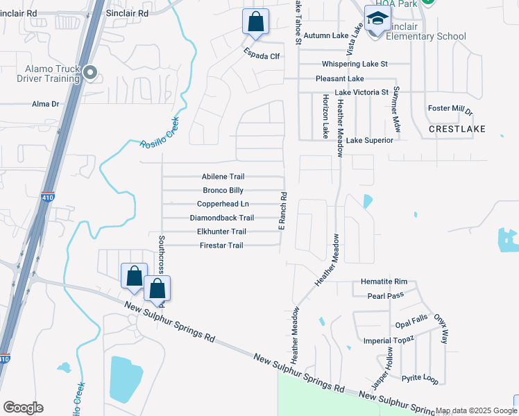 map of restaurants, bars, coffee shops, grocery stores, and more near 5542 Copperhead Lane in San Antonio