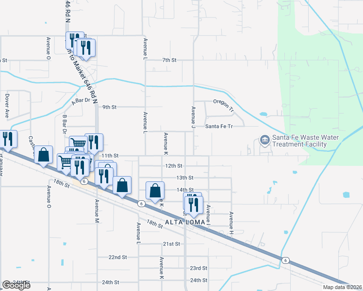 map of restaurants, bars, coffee shops, grocery stores, and more near 4430 Main Street in Santa Fe