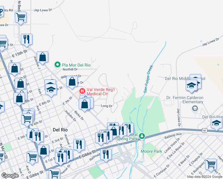 map of restaurants, bars, coffee shops, grocery stores, and more near 340 Long Drive in Del Rio