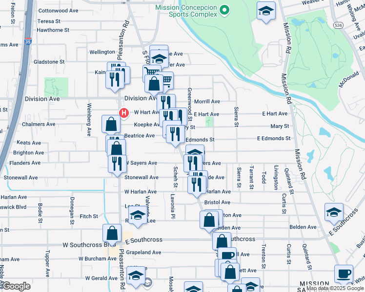 map of restaurants, bars, coffee shops, grocery stores, and more near 5006 South Flores Street in San Antonio