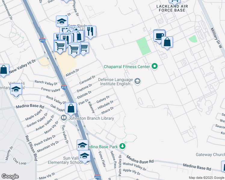 map of restaurants, bars, coffee shops, grocery stores, and more near 102 Flair Drive in San Antonio