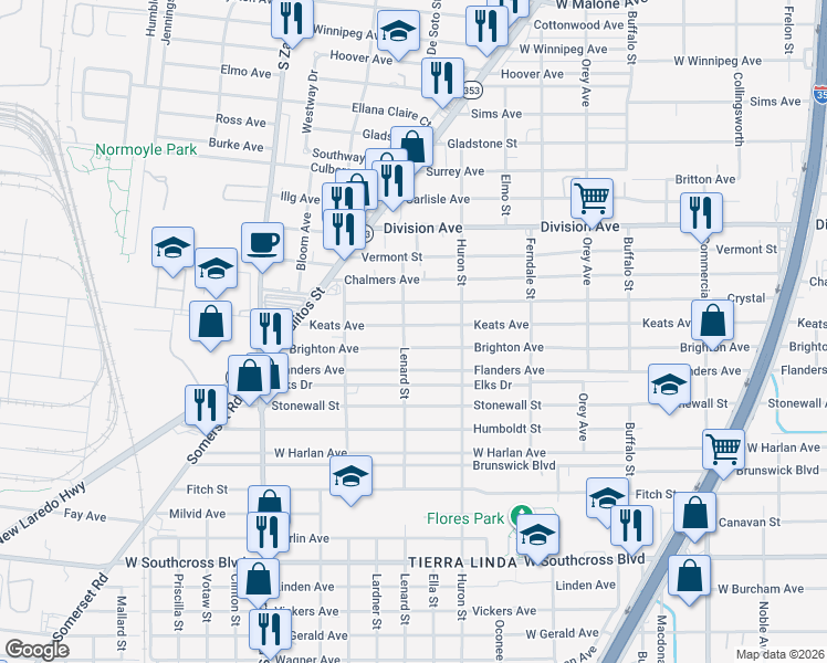 map of restaurants, bars, coffee shops, grocery stores, and more near 1328 Keats Street in San Antonio