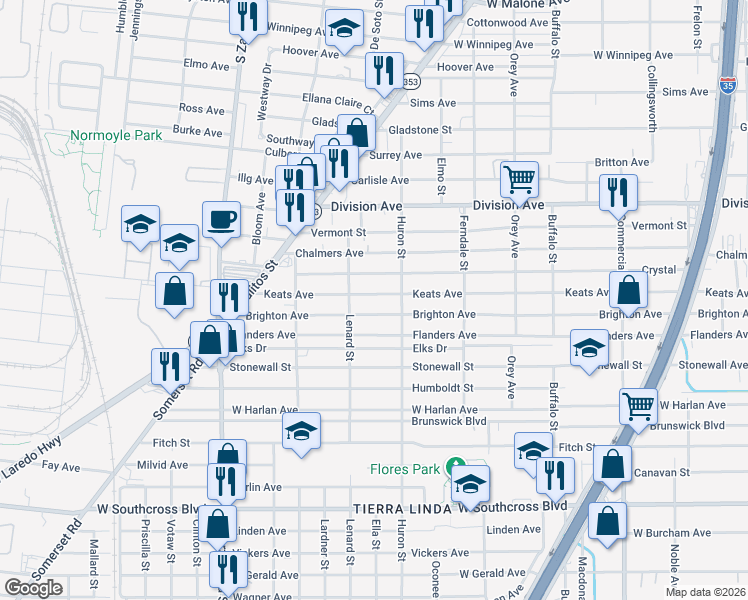 map of restaurants, bars, coffee shops, grocery stores, and more near 1328 Keats Street in San Antonio