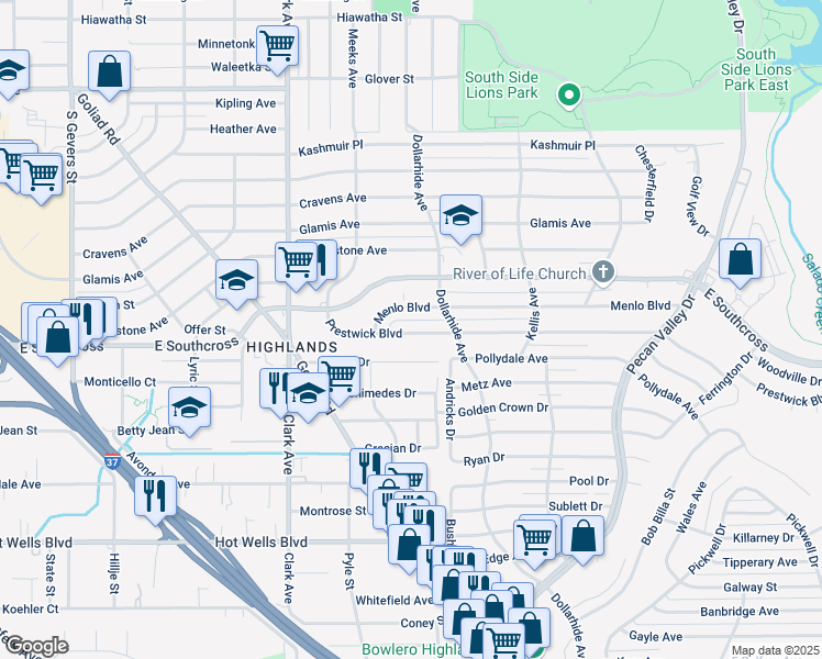 map of restaurants, bars, coffee shops, grocery stores, and more near 219 Prestwick Boulevard in San Antonio