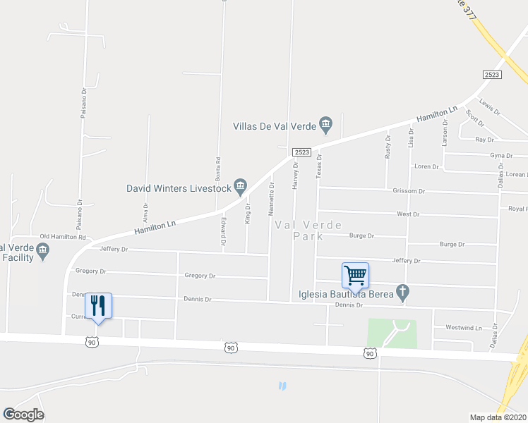 map of restaurants, bars, coffee shops, grocery stores, and more near 124 Nannette Drive in Del Rio