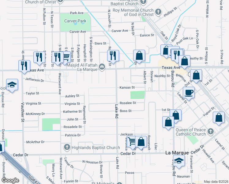 map of restaurants, bars, coffee shops, grocery stores, and more near 418 Lake Road in La Marque