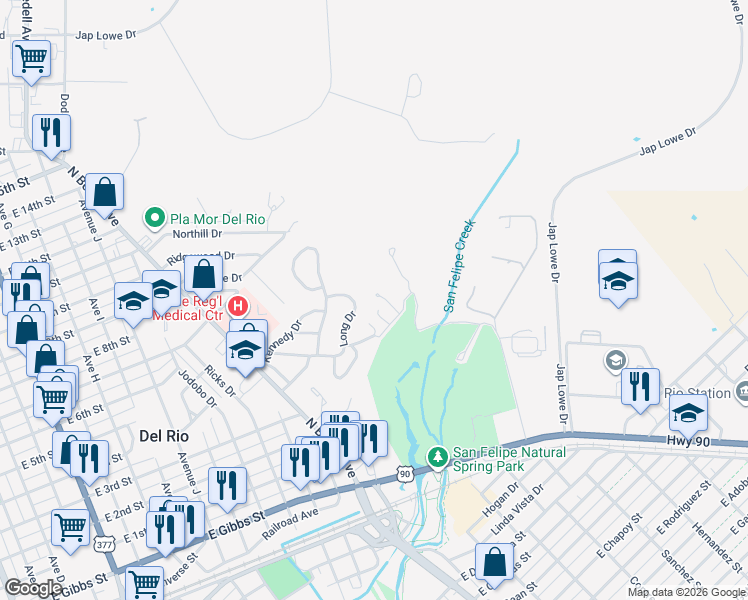 map of restaurants, bars, coffee shops, grocery stores, and more near 106 Herrmann Drive in Del Rio