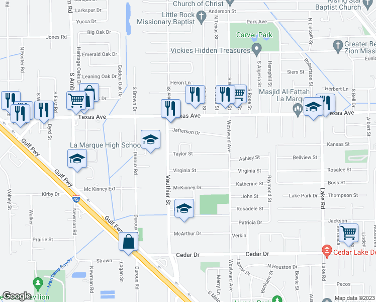 map of restaurants, bars, coffee shops, grocery stores, and more near 202 Taylor Circle in La Marque