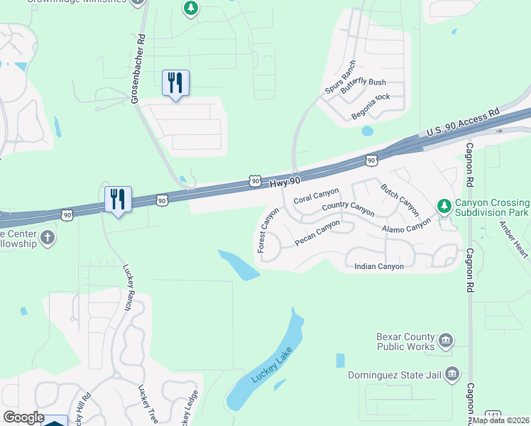 map of restaurants, bars, coffee shops, grocery stores, and more near 5635 Forest Canyon in San Antonio