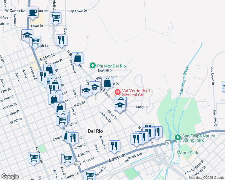 map of restaurants, bars, coffee shops, grocery stores, and more near 108 Page Ave in Del Rio