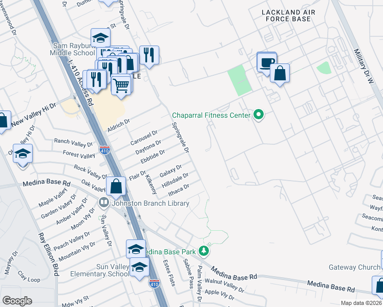 map of restaurants, bars, coffee shops, grocery stores, and more near 102 Flair Drive in San Antonio
