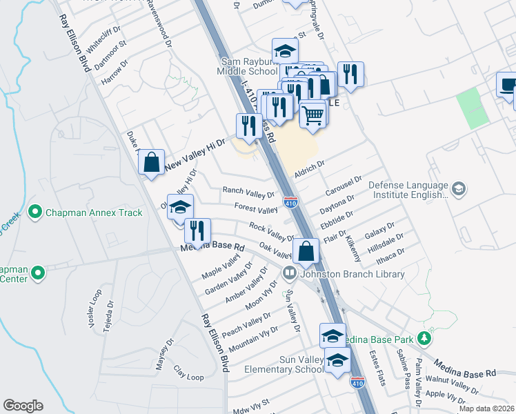 map of restaurants, bars, coffee shops, grocery stores, and more near 127 Forest Valley in San Antonio