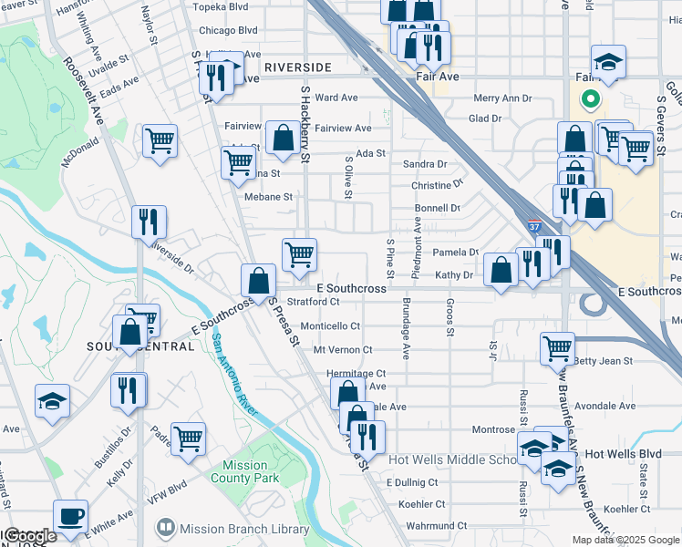 map of restaurants, bars, coffee shops, grocery stores, and more near 1519 East Southcross in San Antonio