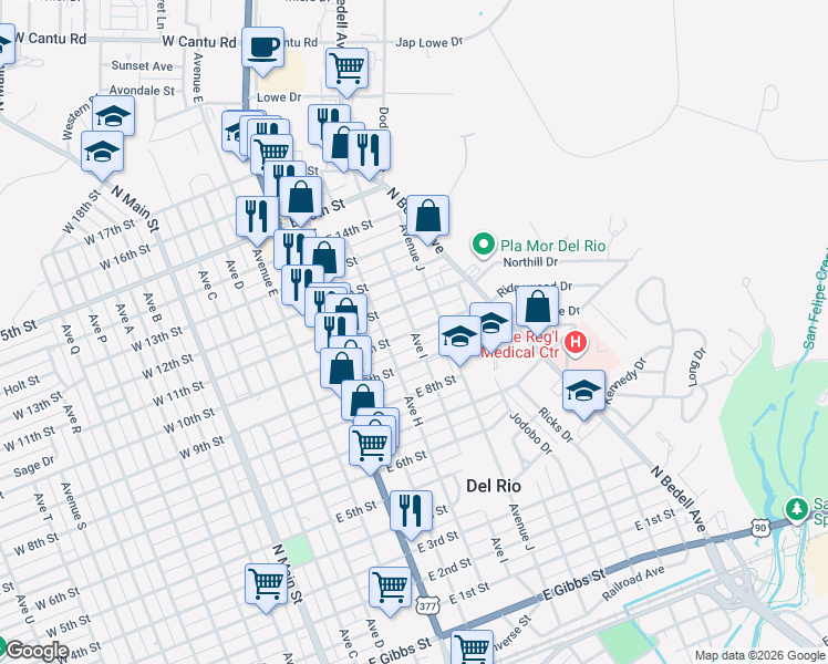 map of restaurants, bars, coffee shops, grocery stores, and more near 1198 Ave I in Del Rio
