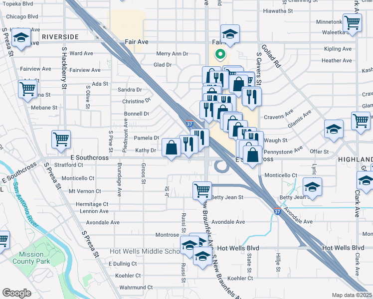 map of restaurants, bars, coffee shops, grocery stores, and more near 511 Kathy Drive in San Antonio