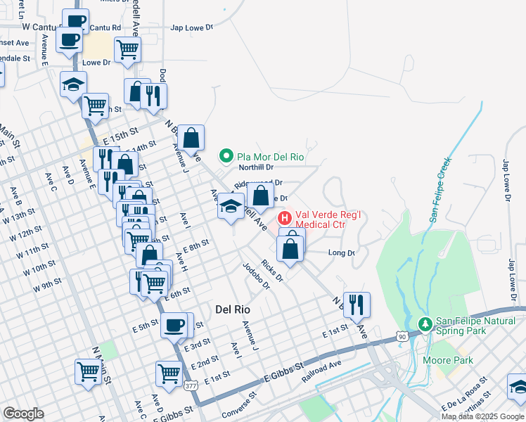 map of restaurants, bars, coffee shops, grocery stores, and more near 1001-1083 N Bedell Ave in Del Rio