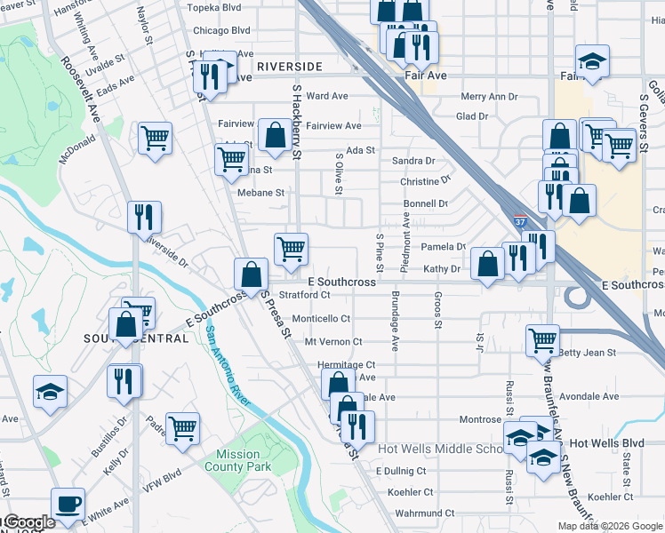 map of restaurants, bars, coffee shops, grocery stores, and more near 1519 East Southcross in San Antonio