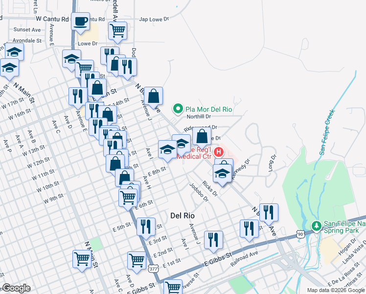 map of restaurants, bars, coffee shops, grocery stores, and more near 1001-1099 East 9th Street in Del Rio