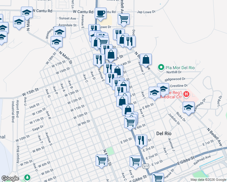 map of restaurants, bars, coffee shops, grocery stores, and more near 1300 Veterans Boulevard in Del Rio