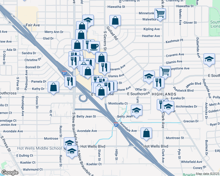 map of restaurants, bars, coffee shops, grocery stores, and more near 127 Pennystone Avenue in San Antonio