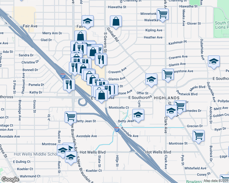 map of restaurants, bars, coffee shops, grocery stores, and more near 127 Pennystone Avenue in San Antonio