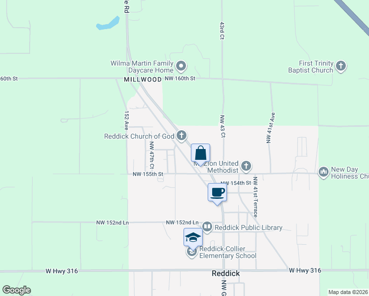 map of restaurants, bars, coffee shops, grocery stores, and more near 15620 Northwest 44th Avenue Road in Reddick