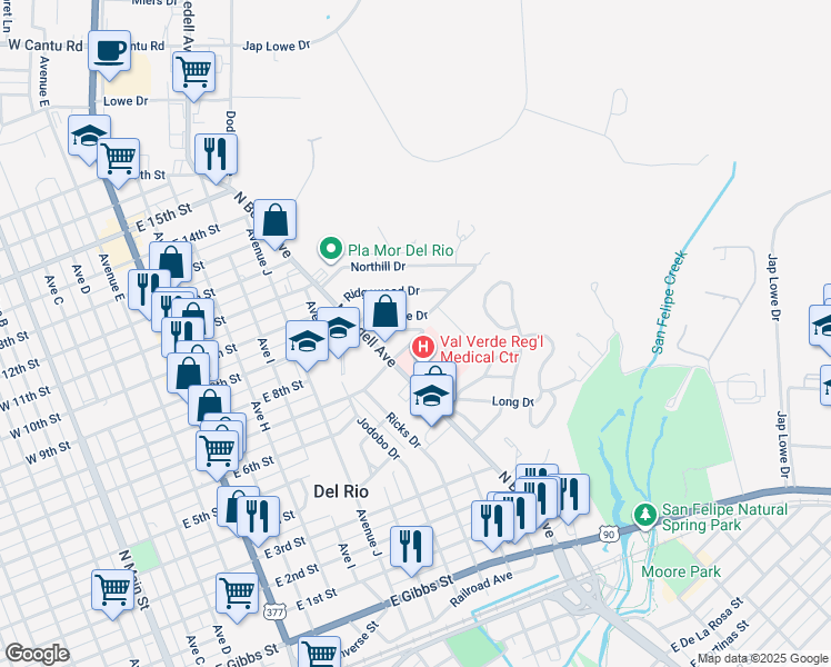 map of restaurants, bars, coffee shops, grocery stores, and more near 108 Page Ave in Del Rio