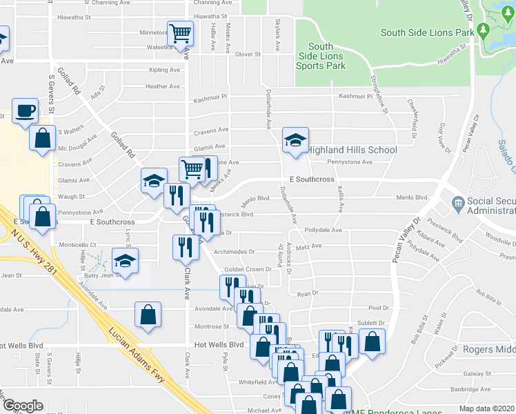 map of restaurants, bars, coffee shops, grocery stores, and more near 219 Prestwick Boulevard in San Antonio