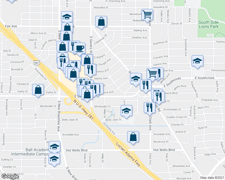 map of restaurants, bars, coffee shops, grocery stores, and more near 159 Pennystone Avenue in San Antonio