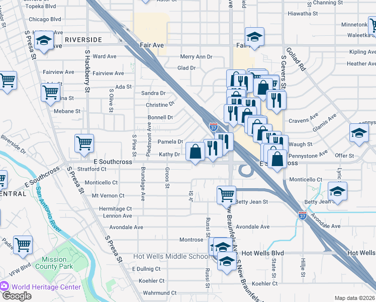 map of restaurants, bars, coffee shops, grocery stores, and more near 418 Kathy Drive in San Antonio