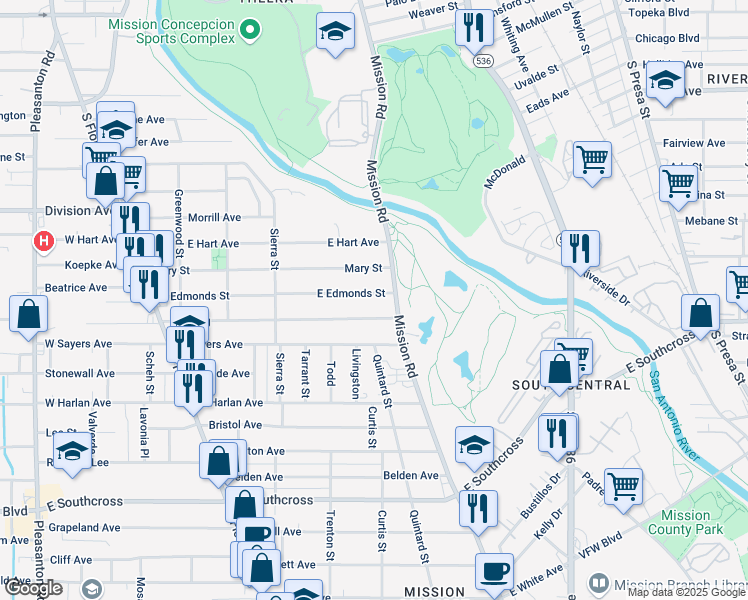 map of restaurants, bars, coffee shops, grocery stores, and more near 449 East Young in San Antonio