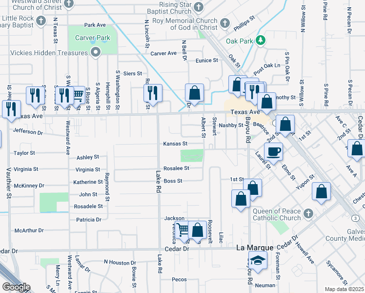 map of restaurants, bars, coffee shops, grocery stores, and more near 1715 Kansas Street in La Marque