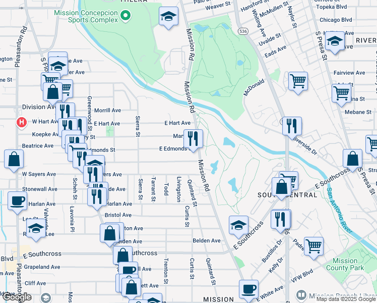 map of restaurants, bars, coffee shops, grocery stores, and more near 449 East Young in San Antonio