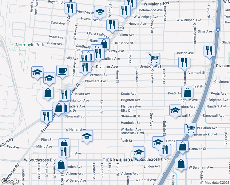 map of restaurants, bars, coffee shops, grocery stores, and more near 1262 Keats Street in San Antonio