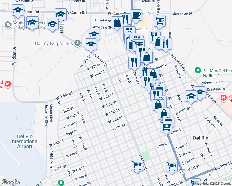 map of restaurants, bars, coffee shops, grocery stores, and more near 100 West 13th Street in Del Rio