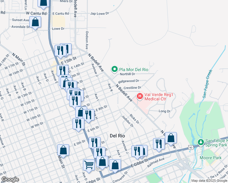 map of restaurants, bars, coffee shops, grocery stores, and more near 1001-1099 East 9th Street in Del Rio