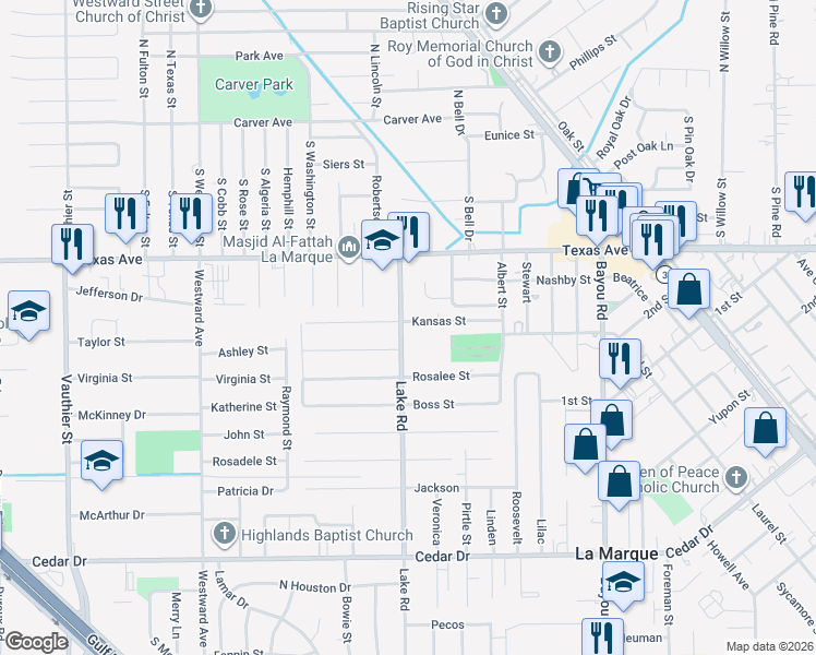 map of restaurants, bars, coffee shops, grocery stores, and more near 418 Lake Road in La Marque