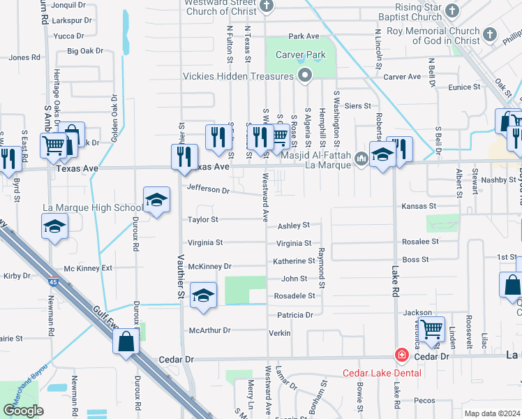 map of restaurants, bars, coffee shops, grocery stores, and more near 220 Westward Avenue in La Marque