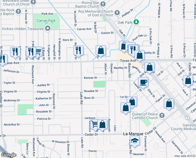 map of restaurants, bars, coffee shops, grocery stores, and more near 1715 Kansas Street in La Marque
