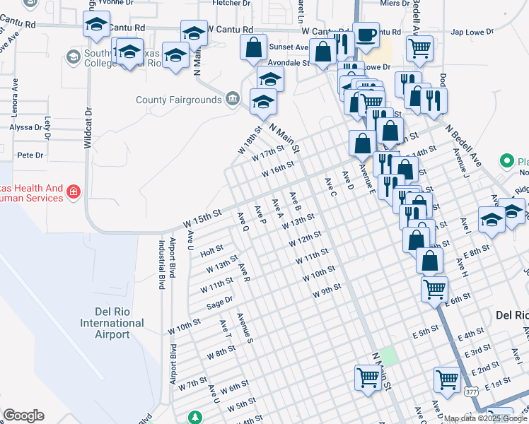 map of restaurants, bars, coffee shops, grocery stores, and more near 1507 Ave P in Del Rio