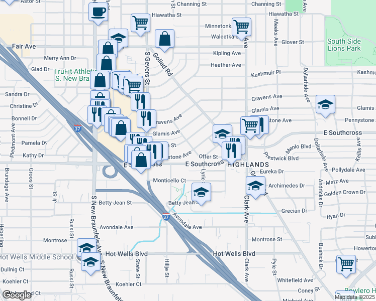 map of restaurants, bars, coffee shops, grocery stores, and more near 183 Pennystone Avenue in San Antonio