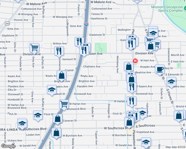 map of restaurants, bars, coffee shops, grocery stores, and more near 610 Keats Street in San Antonio