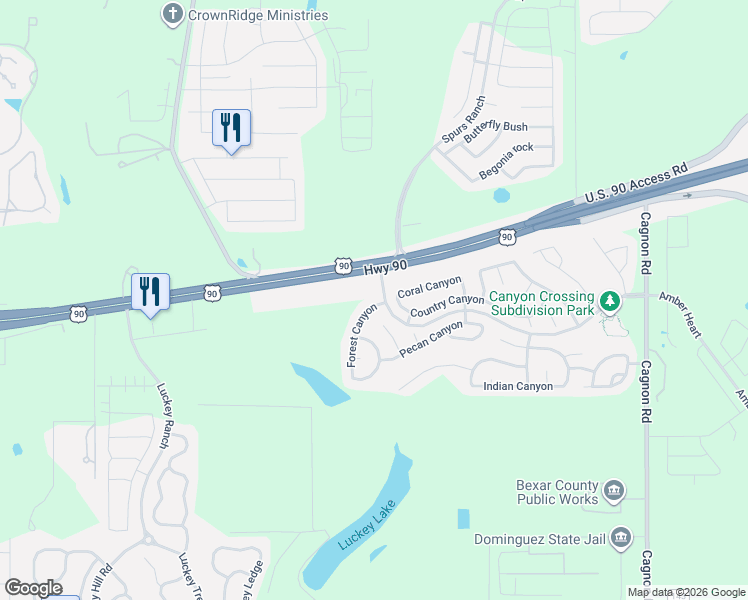 map of restaurants, bars, coffee shops, grocery stores, and more near 5611 Forest Canyon in San Antonio