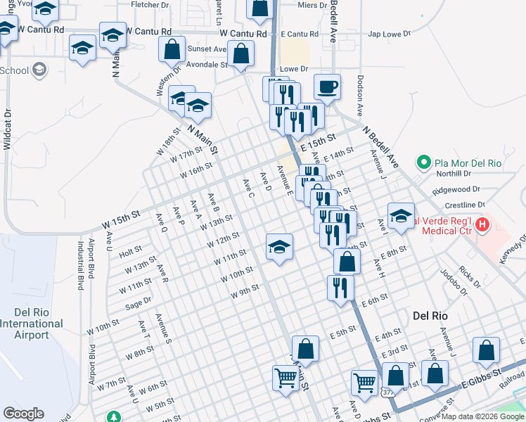 map of restaurants, bars, coffee shops, grocery stores, and more near 1400 Ave C in Del Rio