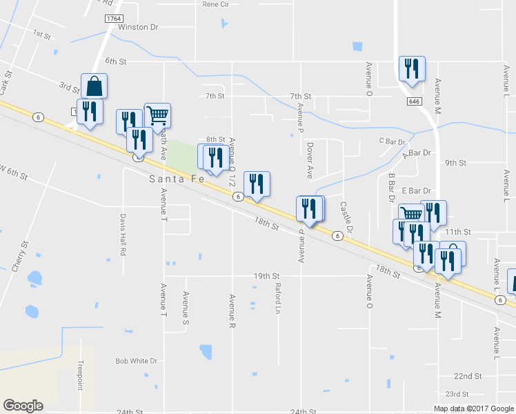 map of restaurants, bars, coffee shops, grocery stores, and more near 12891 Texas 6 in Santa Fe